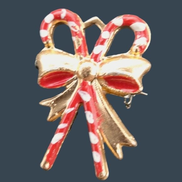 Christmas Candy Cane Pin Brooch Red Gold Bow Vintage Holiday Jewelry - Picture 1 of 3